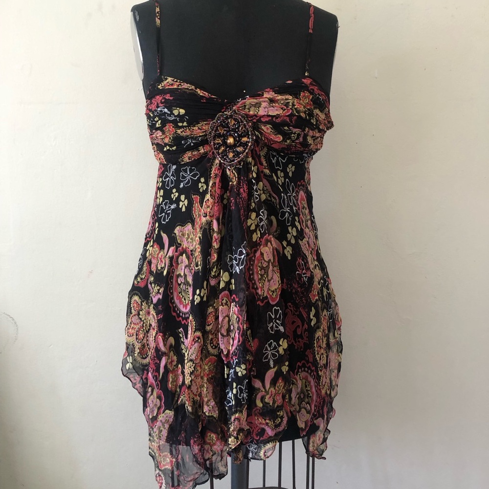 Sue Wong Black Bohemian Silk Floral Handkerchief Hem Top